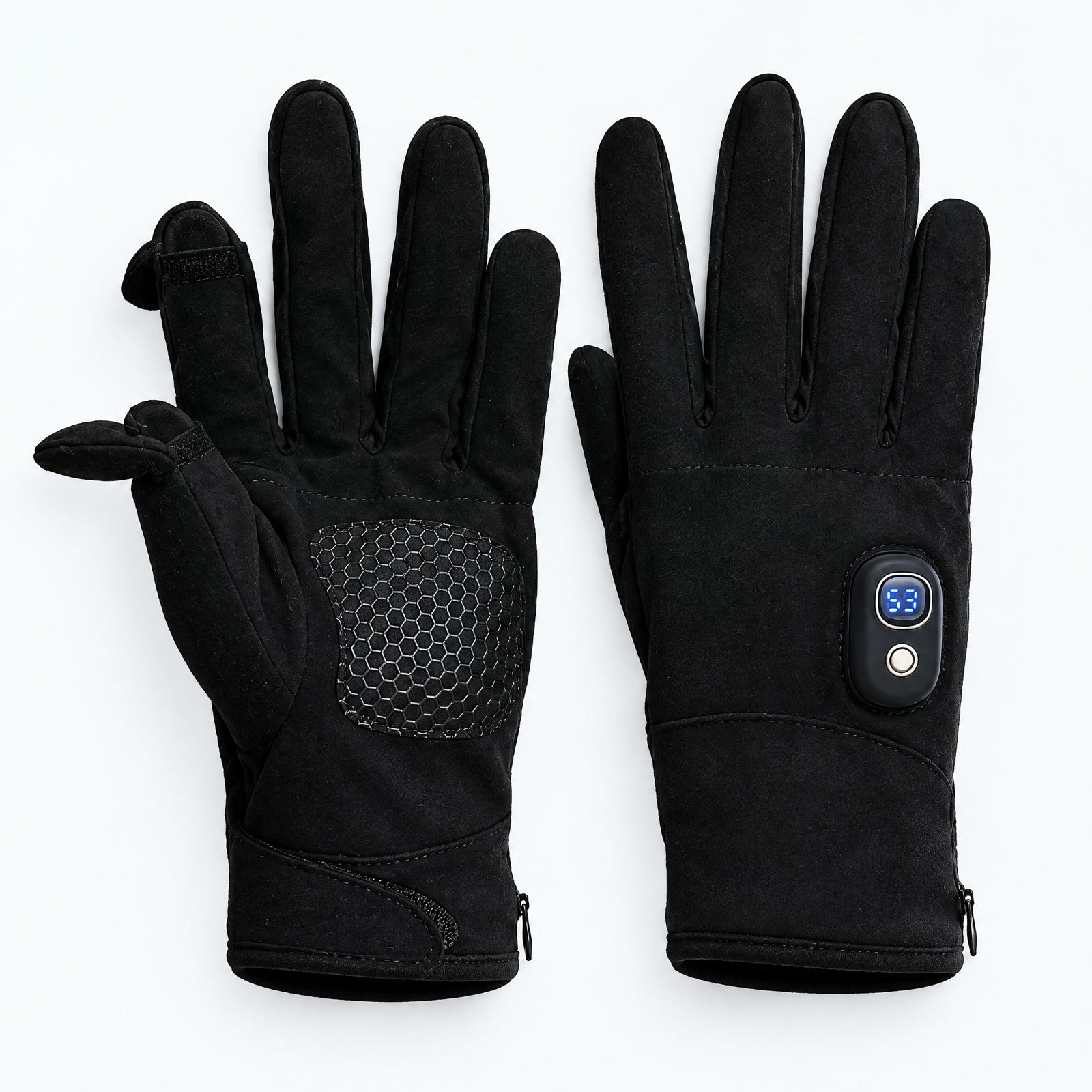 Black heated gloves, showing digital controls, textured palm and fold-back fingertips